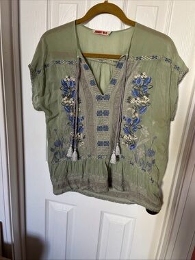 Johnny Was Sage Green Embroidered V-Neck Tunic with Blue Floral Accents